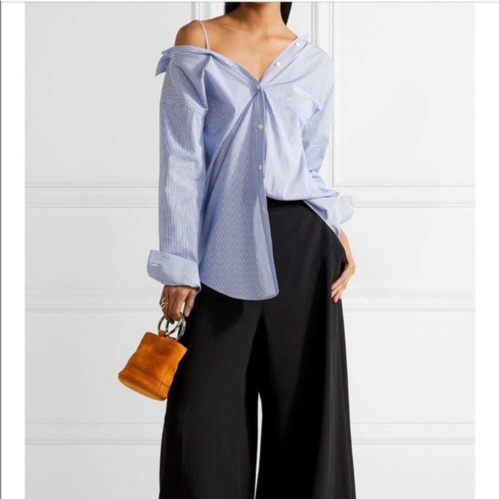 Theory Womens Tamalee Dalton Strip Blue White Cold Shoulder Striped Blouse Sz M